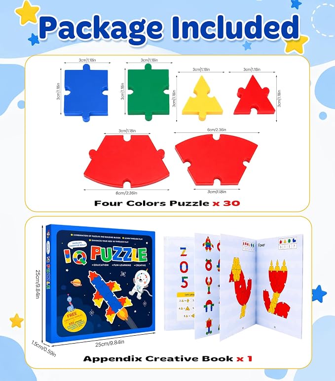 PRE-WORLD Pattern Blocks, 30 Pcs Interlocking Geometric Puzzle Kids 3+,IQ Puzzle Book, 101 Patterns, Non-Toxic Plastic, Math & Geometry Learning, Portable Storage for Home, Travel, Classroom