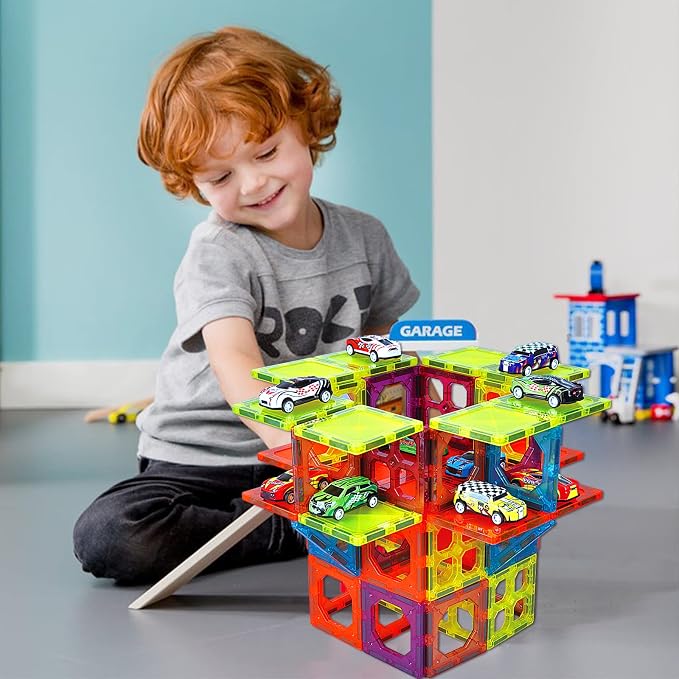 BUBUQE Magnetic Tiles Parking Building Playset with 10 Pull-Back Metal Cars for Kids Construction STEM Toy Preschool Creativity Learning Birthday Gift for Girls Boys Toddlers 3 4 5 6 7 8