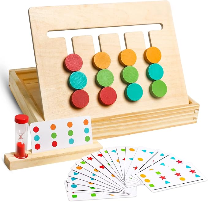 Montessori Learning Toys Slide Puzzle Color and Shape Matching Logic Puzzles for Kids, Preschool Educational Wooden Brain Teasers Toy for Child Kids Age 3 4 5 6 7