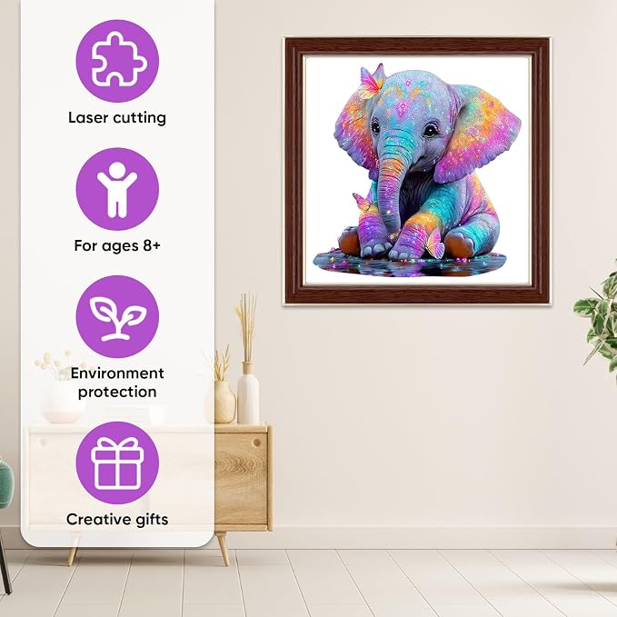 MEATRN Wooden Jigsaw Puzzles, Animal Puzzles for Adults & Kids, 199 Pcs | Colorful Baby Elephant with Butterflies, Educational Brain Teaser Gift and Home Art Decor, 11.1x11.4 in