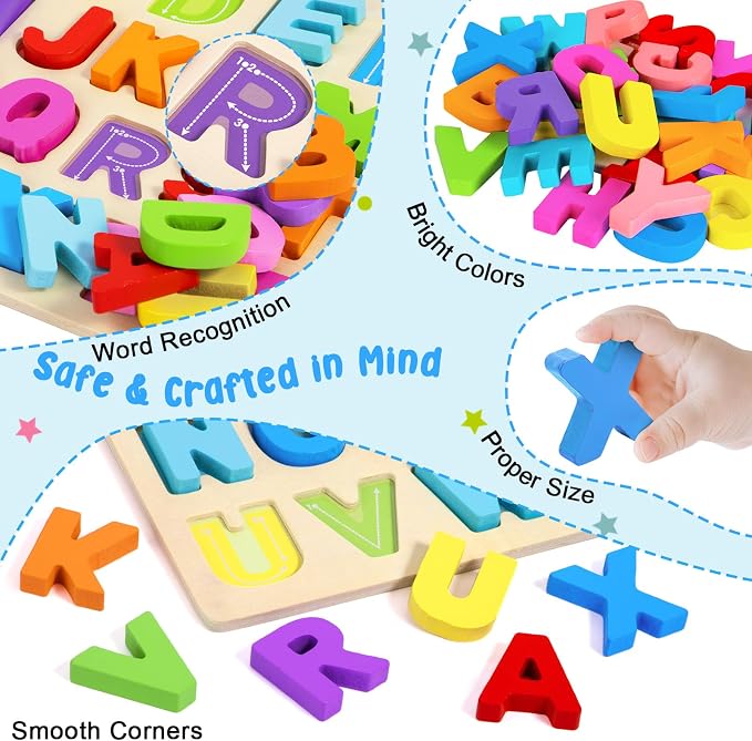 Attmu Alphabet Puzzles Wooden Puzzles for Toddlers Toy | Shape ABC Puzzle Alphabet Learning Toys Preschool Educational Toys Gift for Girls Boys