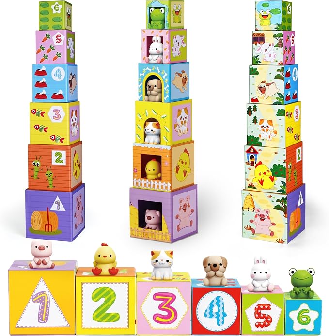 Toddler Farm Animal Sorting and Stacking Toys Gifts for 1-3 Year Olds | Toys for Age 12-18 Month, Number Nesting Boxes Stackable Toy With Finger Puppet, Montessori Toy Gifts for 1 2 3 Year Boy Girl