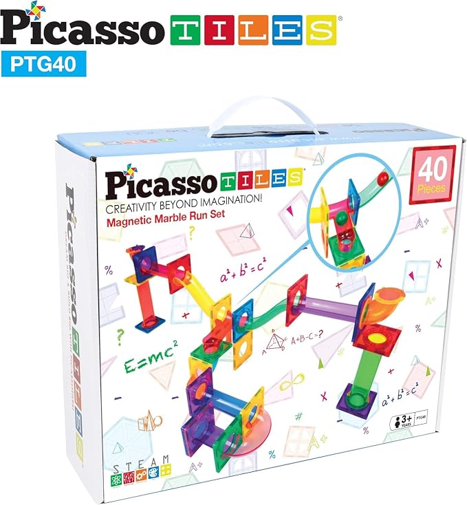 PicassoTiles Magnetic Tiles Marble Run Building Blocks Rainbow Color with Slide Drop Funnels Tubes STEM Educational Toy Set Compatible Durable Construction Kit for Kids Age 3+ Preschool Learning PTG40