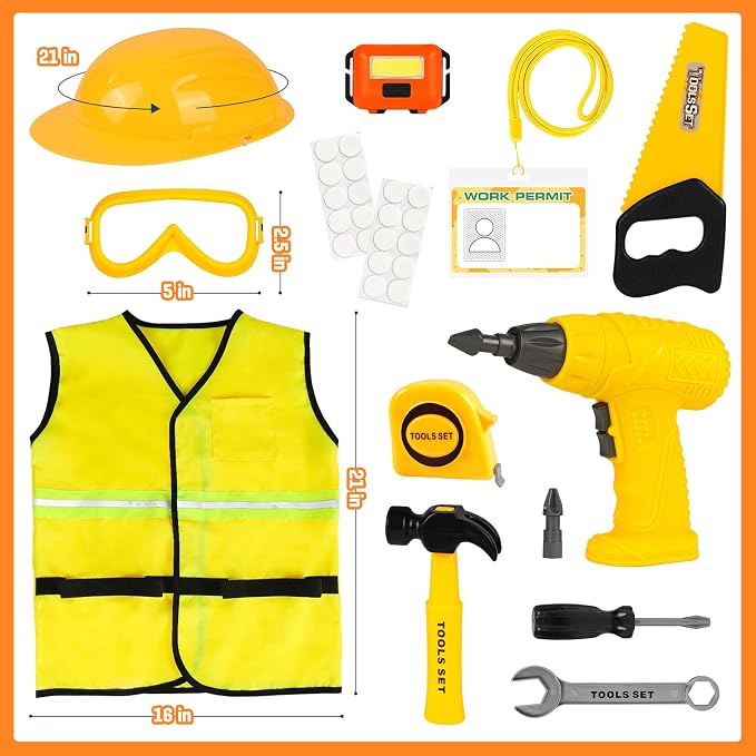 HUUIDY Construction Worker Costume with Electric Drill for Kids Ages 4-12 | Kids Dress Up Clothes Include Safety Vest and Hat, Helmet Light for Halloween Party, Career Day, Pretend Play, Birthday Gift