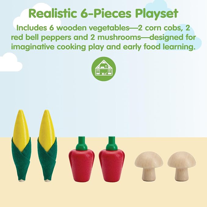 PlanToys® Wooden Fresh Produce Corn, Mushrooms & Bell Peppers Kids Play Set | slicing, knife, fruits and vegetables toys, pretend food, girls, boys, fine motor role imaginative social gift preschool