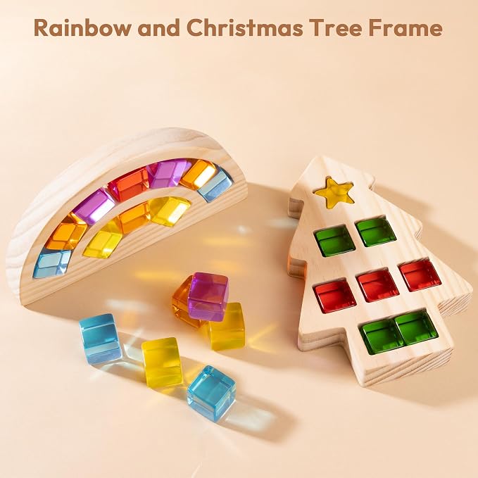 Wooden Building Blocks Set for Kids, Rainbow & Tree Wood Frame - 24 PCS Acrylic Gem Cubes Stacking Blocks, Montessori Stacking Toys, Educational Birthday Toys Gift for Toddlers 3-6