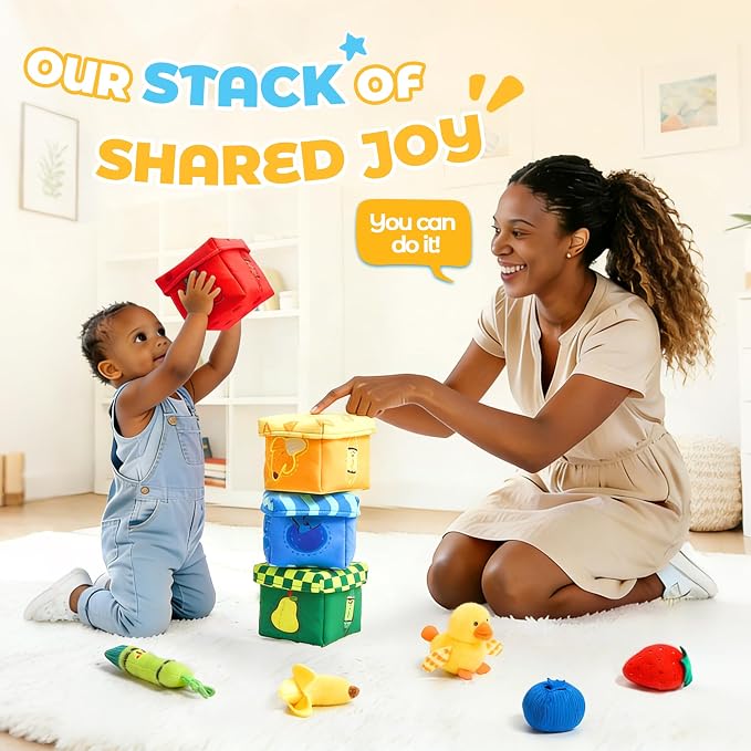 JoyCat Montessori Baby Toys 6-12 Months, 12PCS Sensory Sorting Boxes | Soft boxes with animal, fruit and crayon plush pieces for color sorting, in/out play, textures and little-hand practice