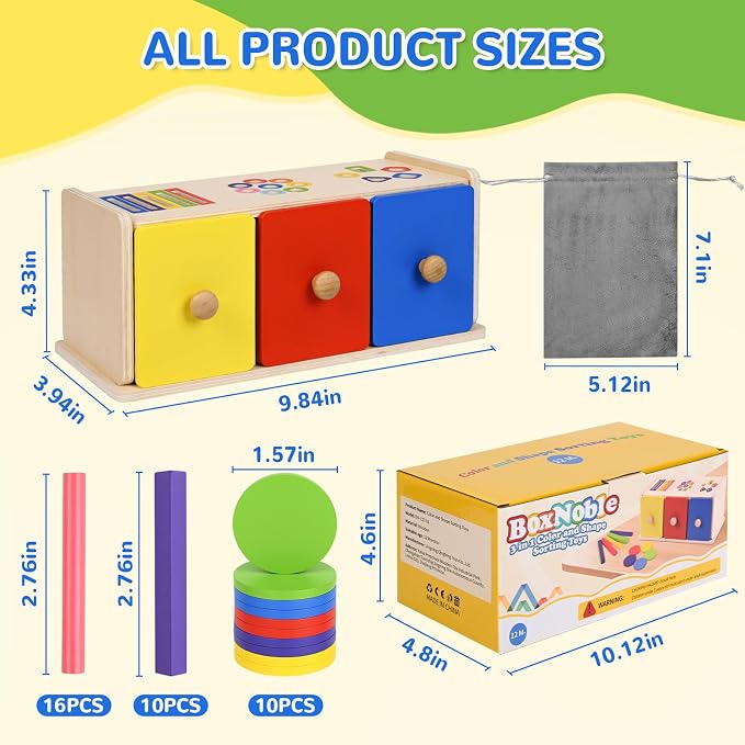 Wooden Montessori Toys for 1+ Year Old, Fine Motor Skills Sensory Preschool Learning Educational Toys, 3 in 1 Color Sorting Drawer Box Toddler Gifts for Boys & Girls 12-36 Months
