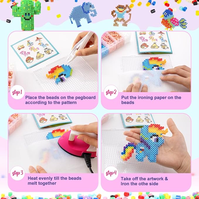 Meland Fuse Beads Kit, 5MM 11,000 Beads in 36 Colors, Crafts for Ages 5-12 | Includes 5mm beads, 5 pegboards, ironing paper and chain accessories for creative crafts, keychains and colorful designs