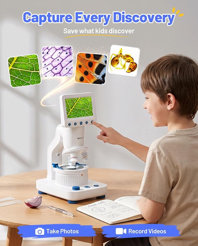 TOMLOV DM302K Microscope for Kids, 800X Science Kit, 4.3" Screen STEM Toy | 12 Prepared Slides, Easy Focus, Beginner-Friendly, Wireless Phone Sharing, USB PC Disply, Photo & Video, Dual LEDs, Ages 6-12