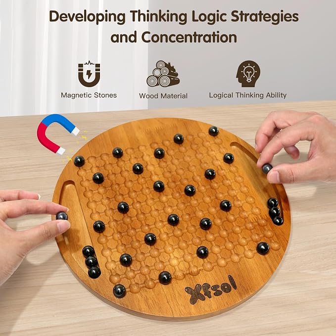 Magnetic Chess Game Set,Double Sided Hardwood Board Game with 30Pcs Magnet Balls,Develop Intelligence,Brain Exercise Magnetic Strategy Games for Kids,Teens and Adults (Style C)