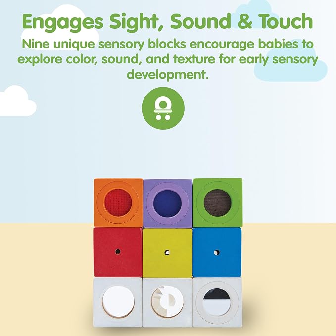 PlanToys® Sensory Activity Blocks for Toddlers 9-Piece Set Ages 12 Months+ | storage bag, visual, tactile, sensory blocks, girls, boys, auditory fine motor cognitive learning gift preschool new set
