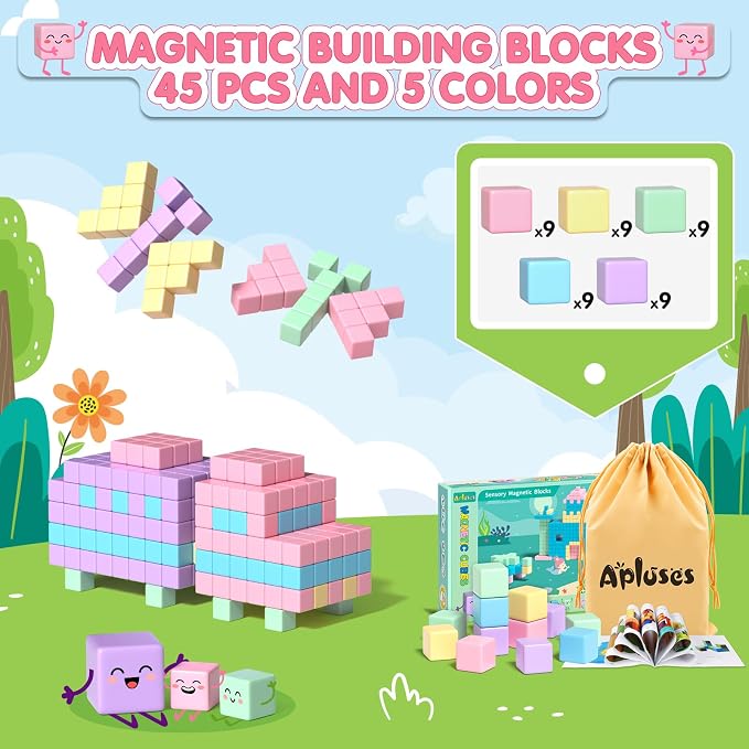 Apluses 45PCS Magnetic Blocks - Kids Girl Toys, Magnet Building Blocks, STEM Sensory Outdoor Autism Toys for 3-5 Year Old Boys & Girls, Magnetic Cubes Classroom Must Haves for Kids Ages 3+