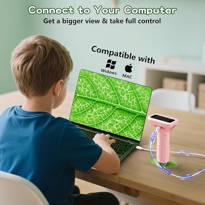 Odatay 1000X Digital Kids Microscope Kit with 12 Slides & 2" Screen, Pink | 1080P Imaging, Fit Ages 3-12, Standalone Pocket Science Edu Toys Gifts, Outdoor Backyard Bugs Exploring, Anti-drop Lanyard