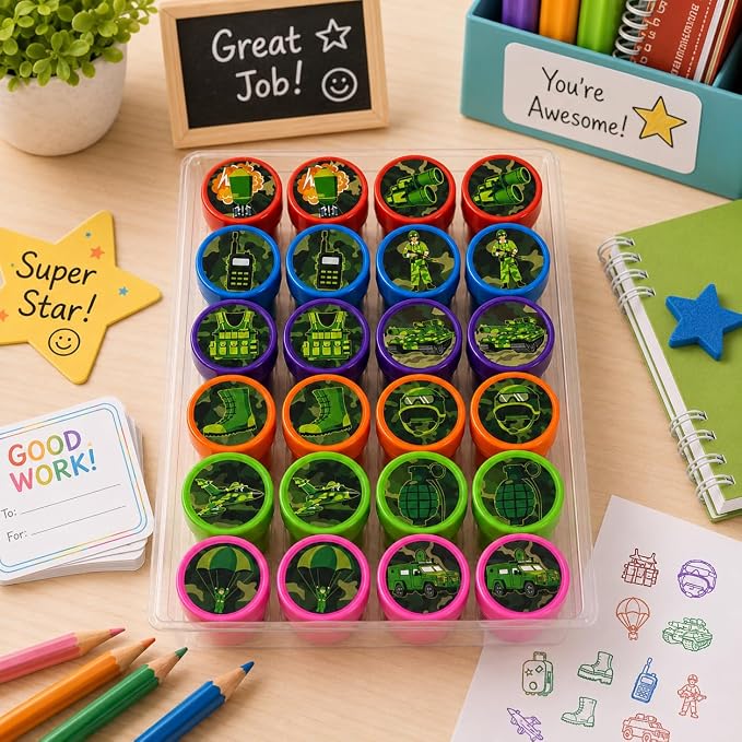 Cinrobiye 24 Pcs Military Stampers for Kids, Pre-Inked Army Soldier Stamp Set, Military Birthday Party Favors, Classroom Rewards, Goodie Bag Fillers, Treasure Box Prizes, Carnival Supplies