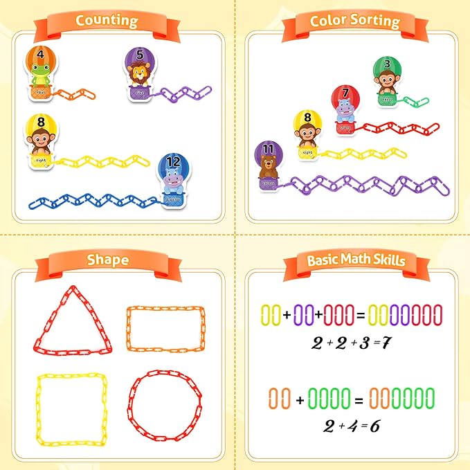 Fine Motor Skills Toys Plastic Chain Links Counting Games for Kids | Sensory Counting Toys Toddlers Math Manipulatives Math Games Preschool Kindergarten Classroom Must Haves Color Recognition