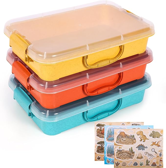 FIIOEOY 3 Pack 4 Qt Sensory Bin with Lid & 3 Stickers,Stackable Sensory Bin | Wheat Straw, Portable Sandbox, Organizers for Toys, Sand, Arts, Crafts, (Yellow, Orange, Blue)