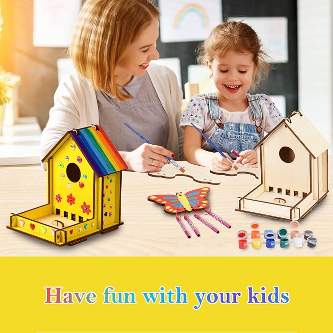 Crafts for Kids Ages 8-12 -Make Your Own Bird Feeder Wind Chime Kit with Diamond Stickers - 2 Pack Unfinished Wood DIY Kids STEM Painting Activities Crafts Outdoor Toys for Boys Girls Ages 6-8 3-5