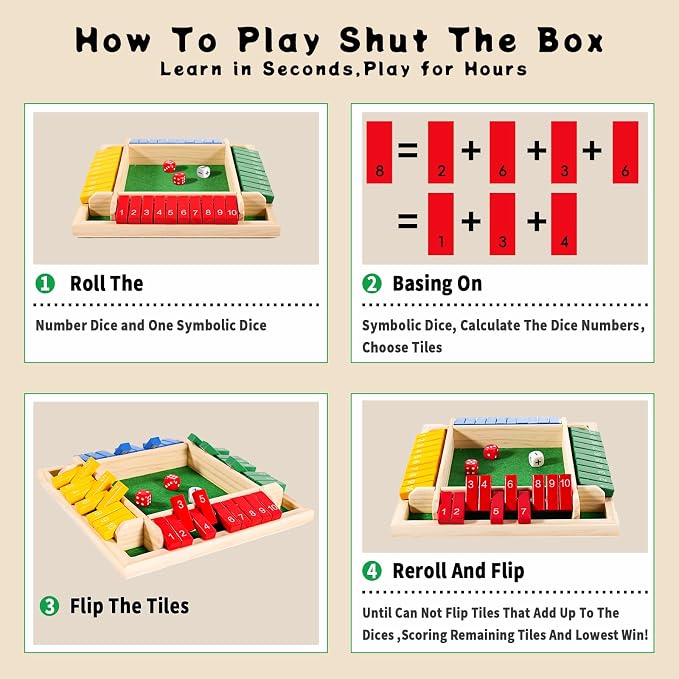 Shut The Box Dice Game 12 Inch Upgraded 2-4 Player Wooden Dice Game Math Addition Games Close The Box Family Wooden Dice Board Game for Kids Adults, Tabletop Version for Classroom, Home, Party or Bar