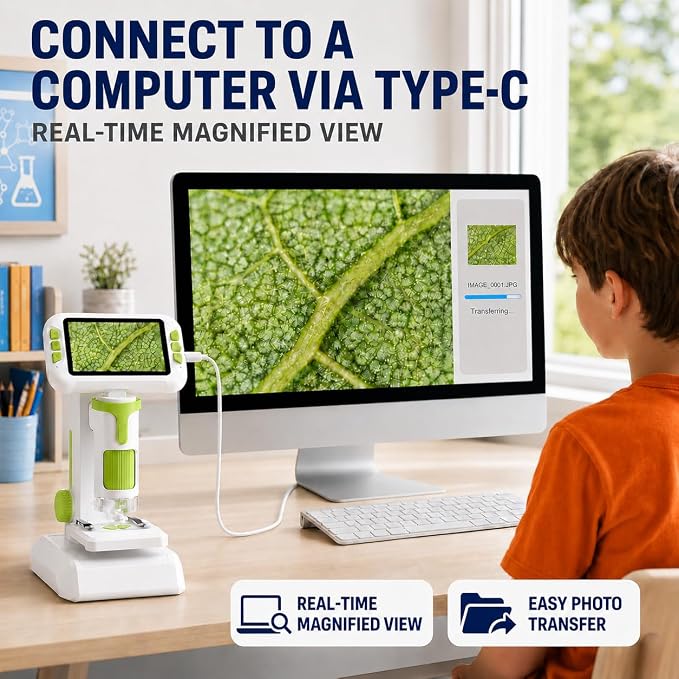 1600X Microscope for Kids, 4K 4.0" Digital Screen Kids Microscopes with Slides Kit, Handheld Microscope, Science Kits for Kids, STEM Toys for Christmas Birthday Gifts for 3-14 Girls Boys Child (Grey)