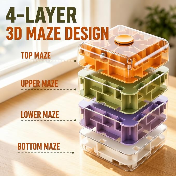 4 Layer 2 in 1 3D Rolling Ball Maze Cube, Kids Fidget Spinning Toys | Fidget Toy and Stress Toy, 3D Brain Teaser Puzzle Game Portable Activity Toy Birthday Gifts for Kids Ages 3-7+ Boys Girls