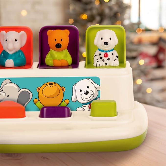 Battat Pop-Up Toy, Pop-Up Pals Cause-and-Effect Animal Toy, Toddler, 4 Pals | 4 animal pals pop up with turn, press, flip, and slide actions; colors, shapes, carry handle, Toddler, 4 Pals; 18+ Months