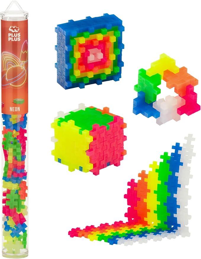 PLUS PLUS Neon Mix Tube - Mini Interlocking Building Blocks Set | Sensory Bin Fillers, Math Manipulatives, Classroom Must Haves, Kids Airplane Activities, Christmas Stocking Stuffers for Kids