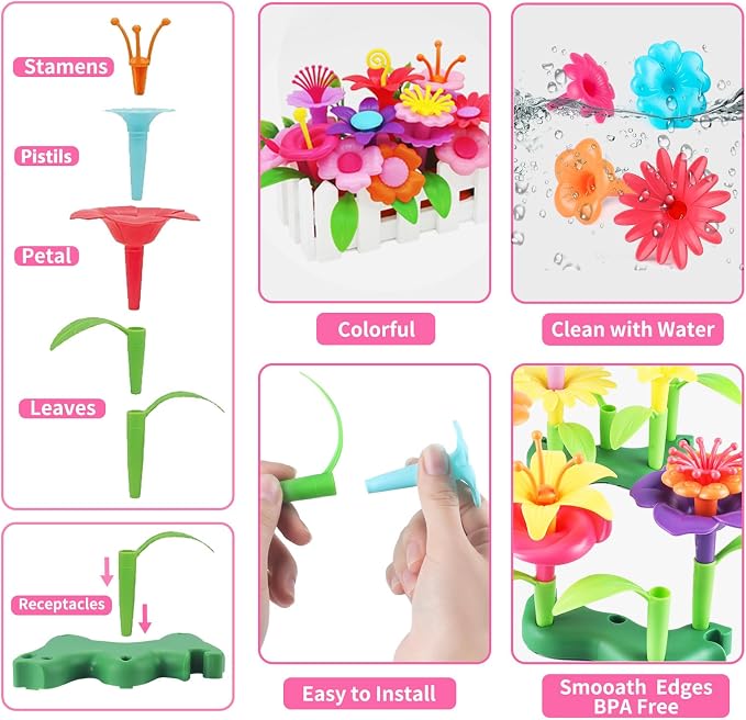 Birthday Toys Gift for 3 4 5 6 7 Year Old Girls and Boys,Flower Garden Building Toy with Carry Box, STEM Toys for Preschool Children Educational Activity Toys