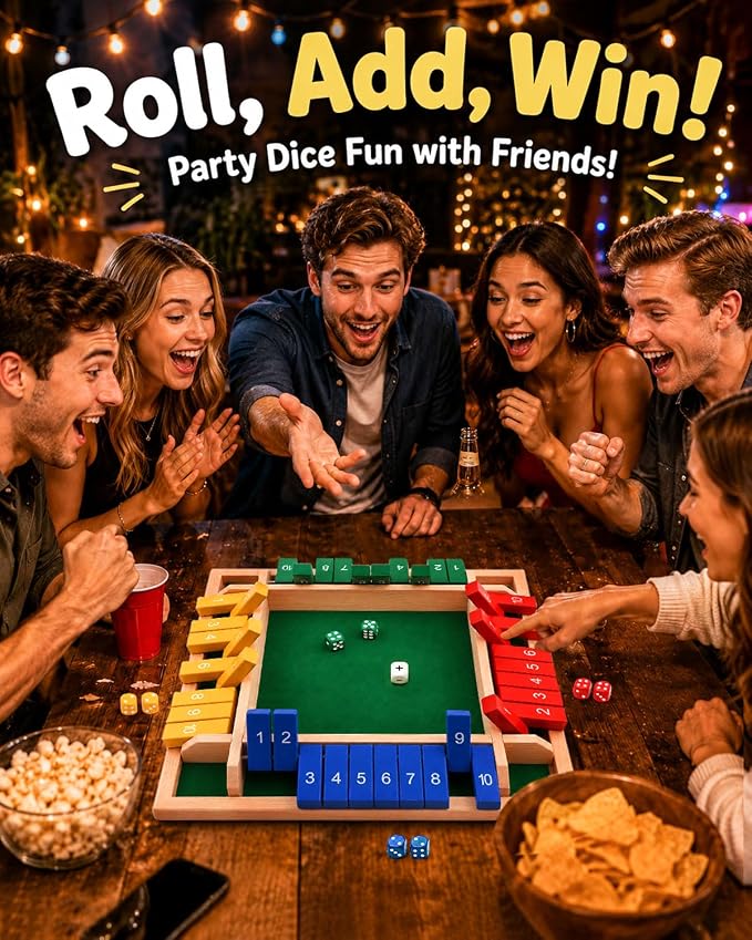 Upgraded 8.7-inch Shut the Box Game, Easy Quick and Fun Educational Math Game with 2 Symbolic Dice, 1-4 Players Wooden Board Games for Family Night Classroom Party, Tabletop Games for Kid Adult Senior