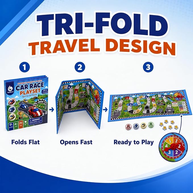 TRAVOFUN Magnetic Car Race Game | Travel Games for Kids Ages 4-8 | 2-player racing game with a foldable magnetic board keeps pieces secure for car rides, flights, and screen-free play.