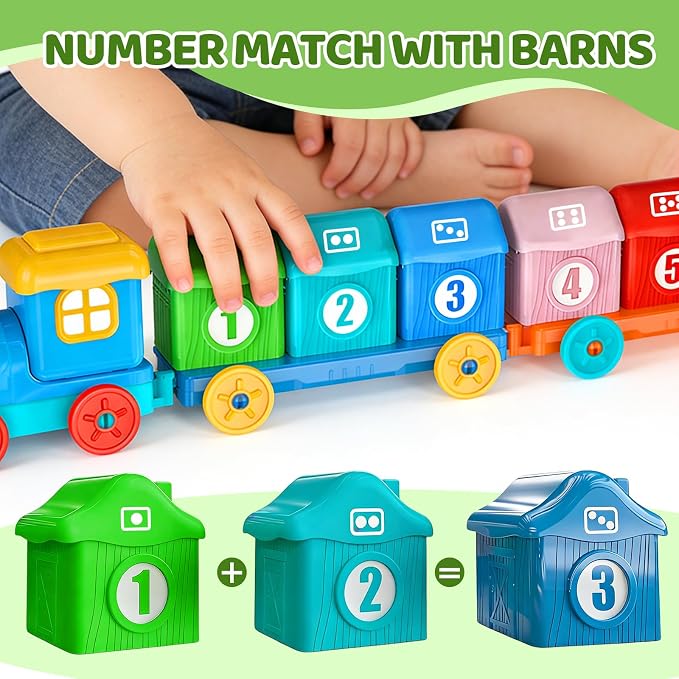 Toddler Learning Toys for 1 2 3 Year Old, Counting Matching & Sorting Montessori Train Set with 9 Farm Animals Finger Puppets, Birthday Gift for Baby Boys Girls