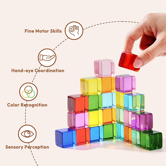 Woodtoe Rainbow Building Blocks for Toddlers, 24 PCS Gem Blocks for Kid 3-6 | Acrylic Blocks, Montessori Stacking Toy for 3 4 5 6 Year Old, Educational STEM Creative Sensory Toy Gifts for Kids Boys Girls