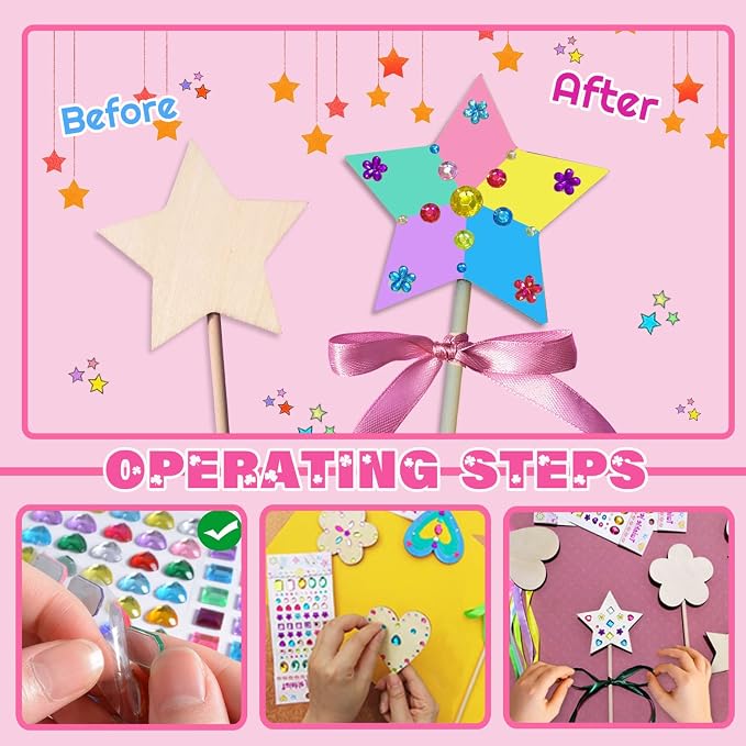 Princess Fairy Wands Craft Kit (14 PCS), Kid Birthday Party Supplies | Make Your Own Magic Wands Include Unfinished Wooden Fairy Wands, Gem Stickers, Ribbons, Ideal for Kids 6+