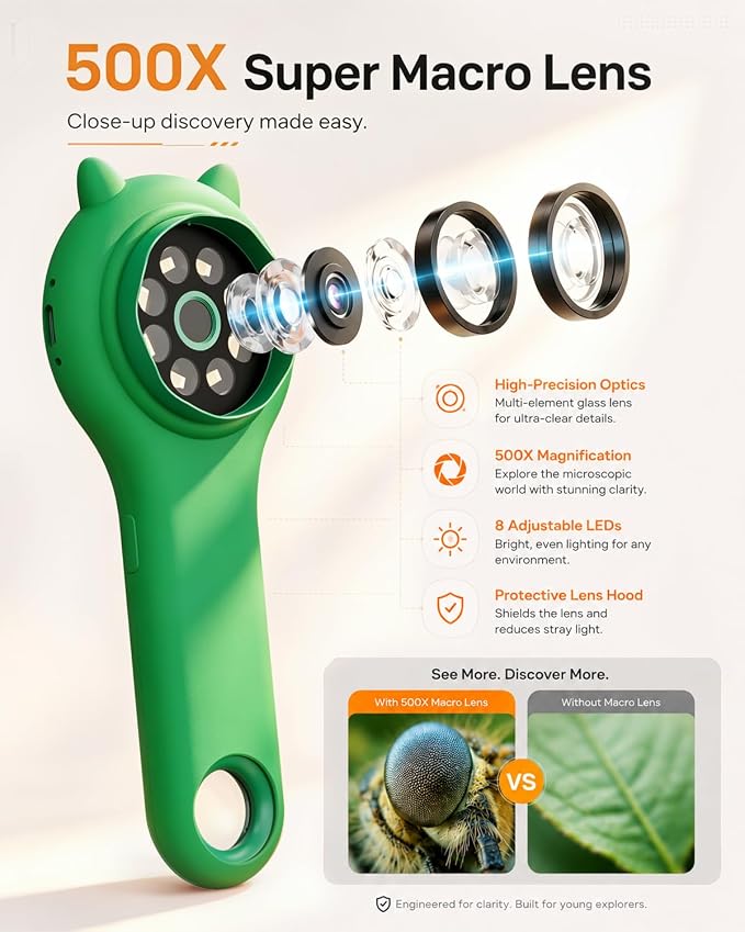 Nature Exploration Microscope for Kids, 500X Portable Digital Microscope with 2" IPS Screen, Plant Leaf Observation STEM Toy Age 5-12 (Green)