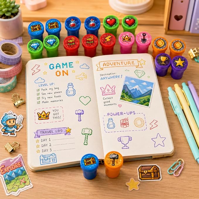 Cinrobiye 24 Pcs Pixel Stampers Party Favor Set, Cute Pixel Art Stamps for Kids Birthday Party, Classroom Rewards, Gaming Themed Party Supplies, Goody Bag Fillers, Retro Pixel Toys