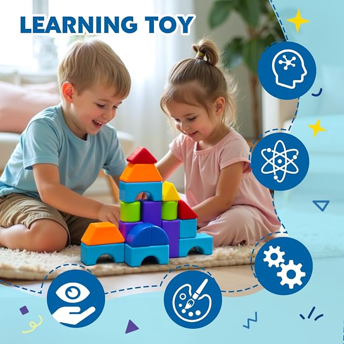 Pairez Toys Magnetic Blocks, Large 1.65 inch Stacking Blocks for Kids | 19 PCS blocks, 7 Colors & 8 Shapes, 3D Building Fun, Montessori Sensory Toy, Preschool Construction Kit, Travel & Outdoor Toy