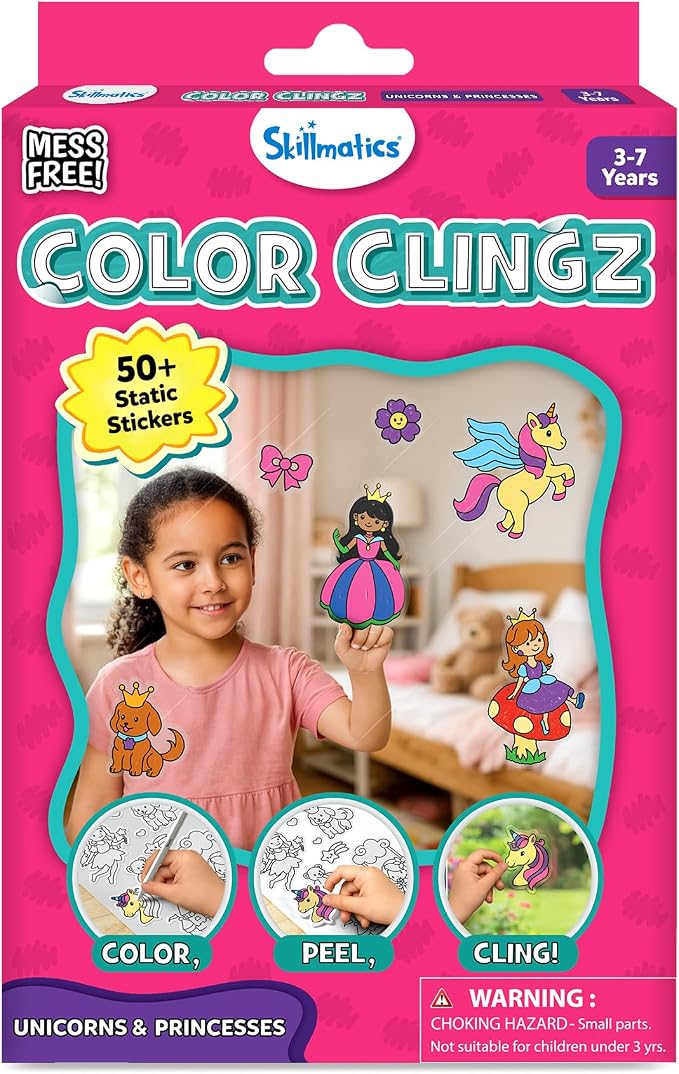 Skillmatics Color Clingz – Unicorns & Princesses, Reusable Static Stickers | 50+ DIY Stickers, Travel Toys, Mess-Free, Window Art & Craft Kit, Gifts for Toddlers, Girls & Boys Ages 3, 4, 5, 6, 7