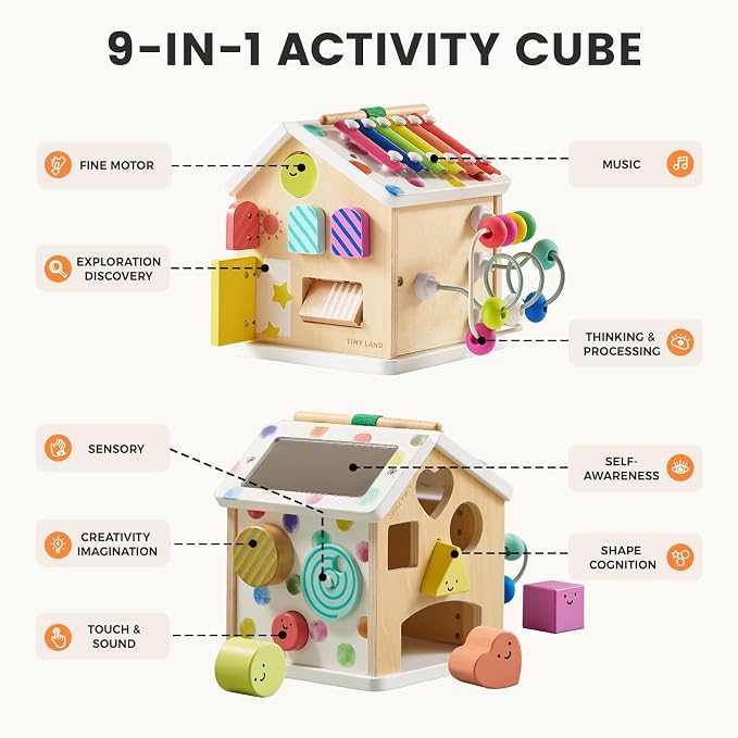 Tiny Land 9-in-1 Wooden Activity Cube, Educational Toy for Toddlers | Montessori Baby Activity Center for 1+ Year Old, Ideal Gift for Boys and Girls (Rainbow)