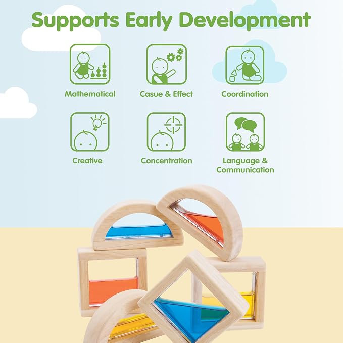PlanToys® Water Blocks Wooden Montessori Sensory and STEM Building Toy | Light, Colour, Creativity and Fine Motor Skill Development | Eco Friendly Open Ended Learning Activity