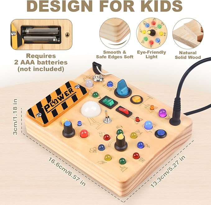 LED Busy Board for Toddlers - Montessori Sensory Toys for 1 2 3 Years Old | 10 Switches & 19 LED Lights, Wooden Activity Board for Fine Motor Skills, Screen-Free Travel Toy, Birthday Gift for Kids