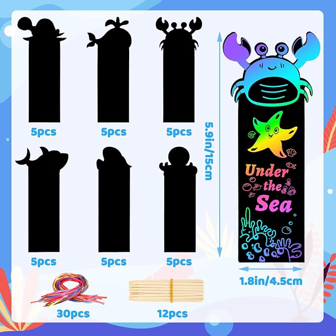 JUNEBRUSHS 30Pcs Ocean Crafts, Rainbow Magic Ocean Animals Scratch Bookmarks Under The Sea Party Favors Games for Activities Summer Arts and Crafts