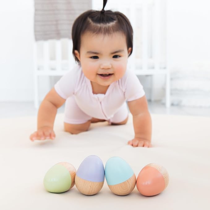 Pearhead Wooden Egg Shaker Baby Toy Set, 4-Piece Musical Rattles | FSC-Certified Wood, Pastel Maracas, Sensory Rhythm Play, Fine Motor Skills, 0+ Months