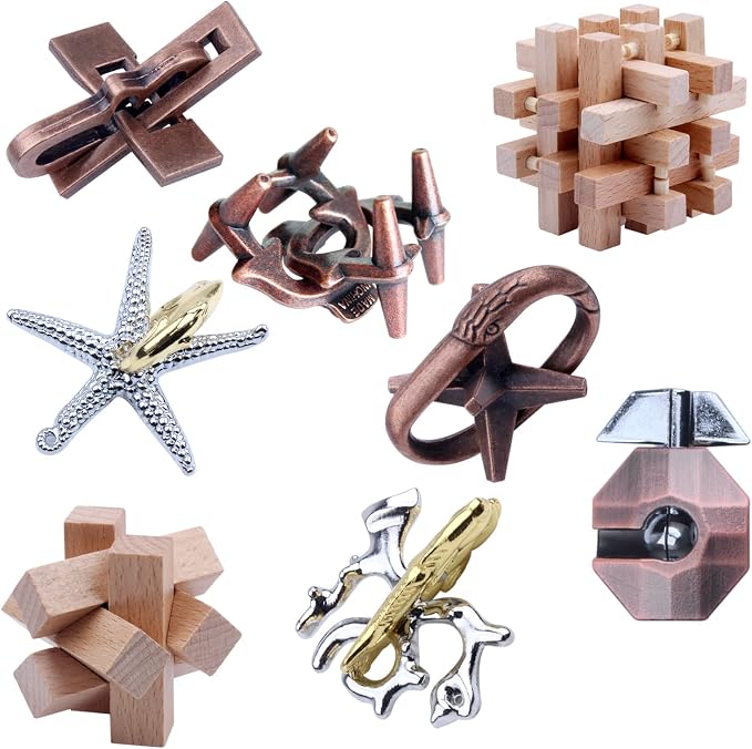 8 Pieces Wooden and Metal Brain Teaser Puzzles Box | Education Toys for Adults and Kids IQ Logic Training Family Game Party Favor Coffee Table Unlock Interlock Mind Puzzles
