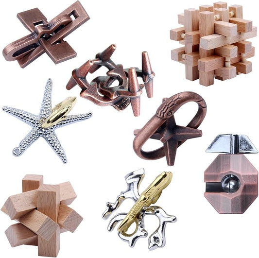 8 Pieces Wooden and Metal Brain Teaser Puzzles Box | Education Toys for Adults and Kids IQ Logic Training Family Game Party Favor Coffee Table Unlock Interlock Mind Puzzles