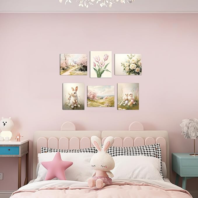 HOURIA Spring Easter Framed Canvas Wall Art(Set of 6,12”x16”), Bunny Chicks Easter Wall Decor, Vintage Tulip Cherry Blossom Spring Decorations for Home Living Room