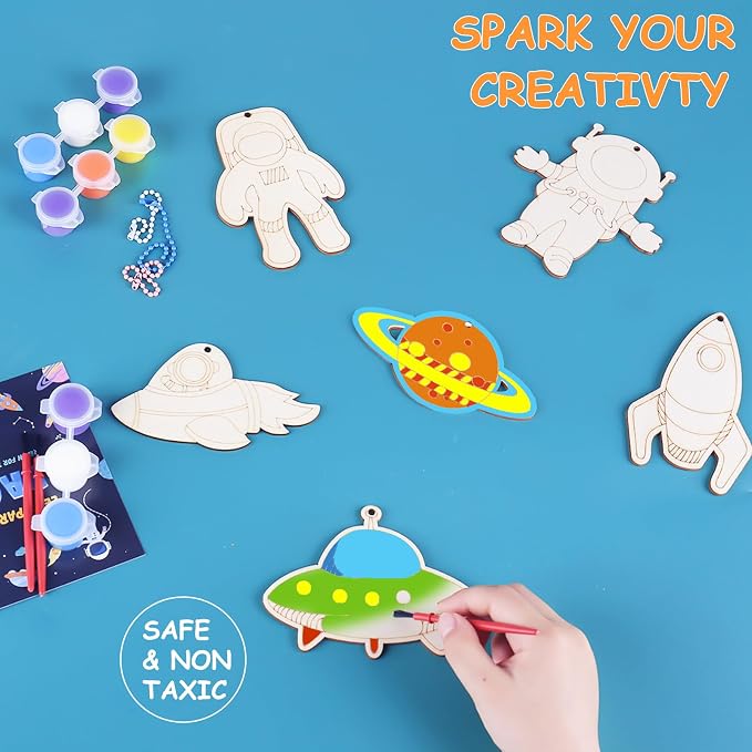 24 Pack Space Themed Party Favors - Kids Birthday Party Return Gifts Treats Goodie Bag Items Fillers Classroom Prizes Exchange Gifts, Wood DIY Keychain Painting Kits Arts Crafts Activities Toys