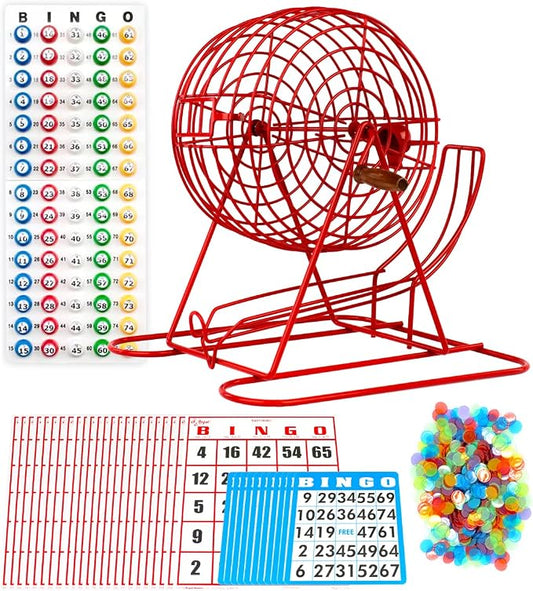 Regal Bingo Red Professional Bingo Game Set with 11" Wheel Cage, 75 Bingo Balls, Master Board, 18 Bingo Cards & 25 Jumbo Reusable Cards, and Colorful Chips - Bingo Games for Adults Large Group