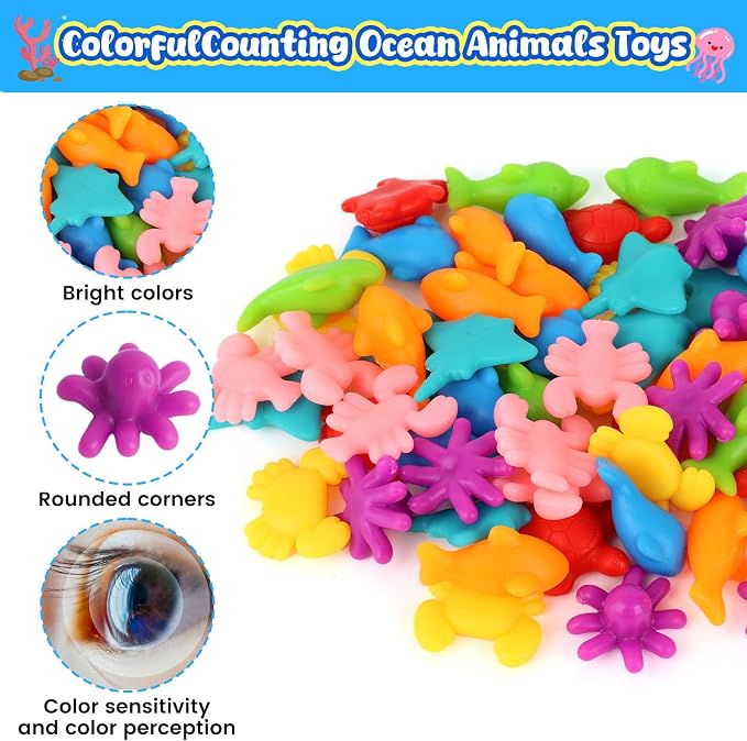 AMOR PRESENT 56 Couting Animals, 6 Sorting Bowls, 2 Tweezers, Storage Tube | Ocean Animals, Color Sorting Toys, Matching Game, Montessori Learning, for Toddlers, Fine Motor Skills