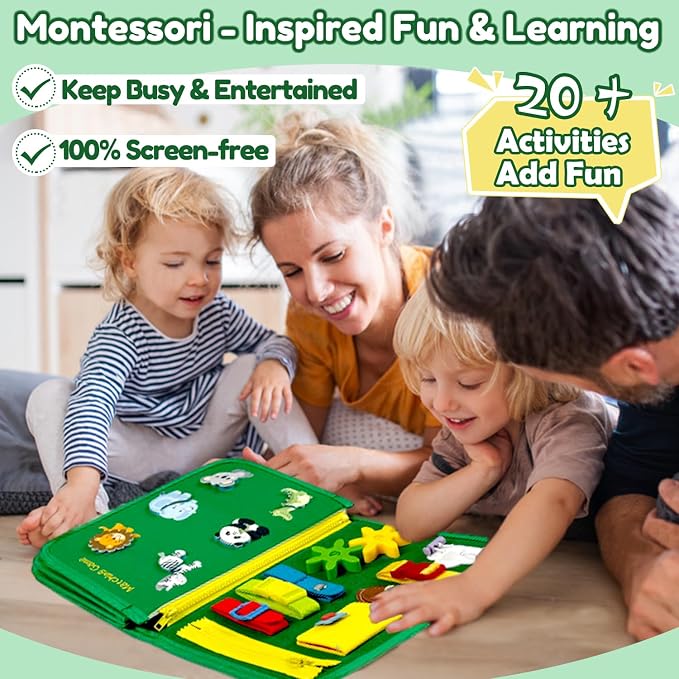 Toddler Busy Board Montessori Toys – Sensory Busy Book, Educational Learning Travel Toy for Airplane & Car, Keeps Toddlers Engaged, Birthday Gifts for Toddler Boys Girls