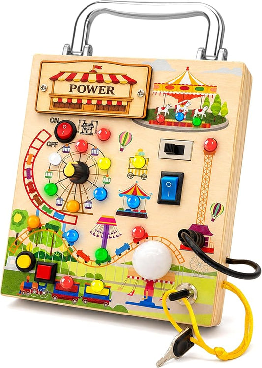 Busy Board, Montessori Wooden Sensory Activity Toy for Toddlers | 20 LED Light Up Board with Switches, Quiet Travel Educational Learning Toys for Kids, Birthday Gifts for Boys Girls